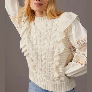Anthropologie Cable Knit Ivory Ruffle Puff Sleeve Lace Sweater Size S